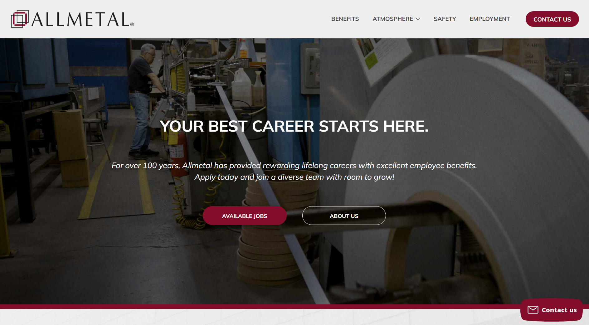 Screenshot of Allmetal's Career Focused Website Homepage.